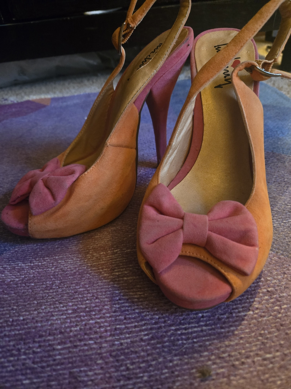 Suede Pink & Orange Bow Peep-Toe Slingback Heels